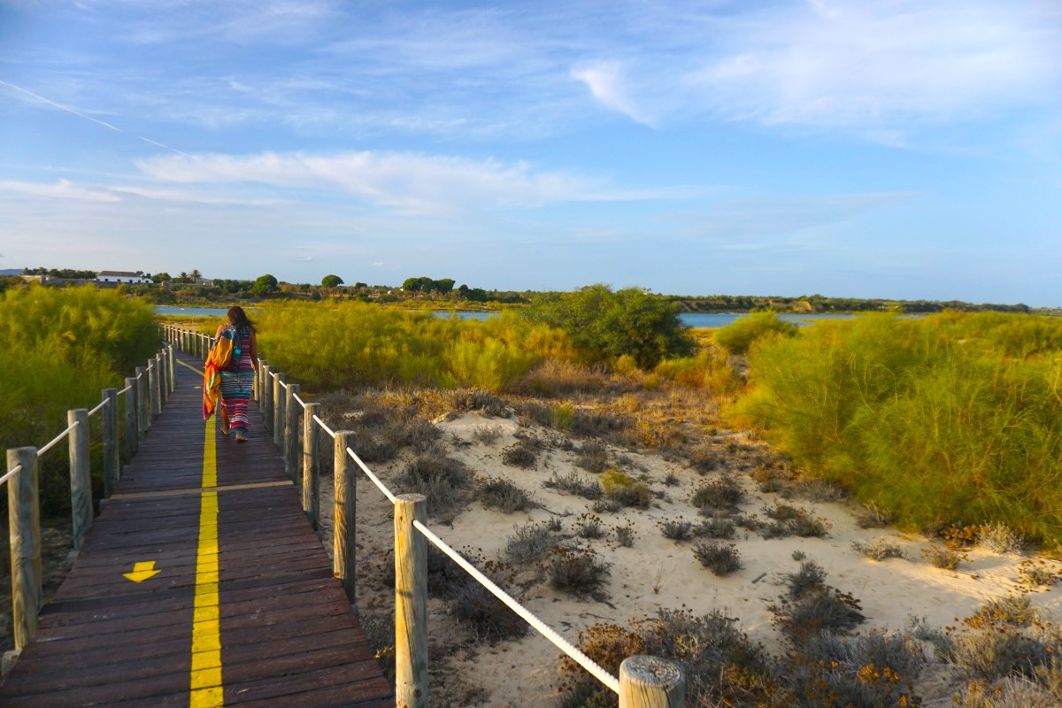 Pasarela de madera de la playa de Canas hasta el barco que cruza la ría formosa
